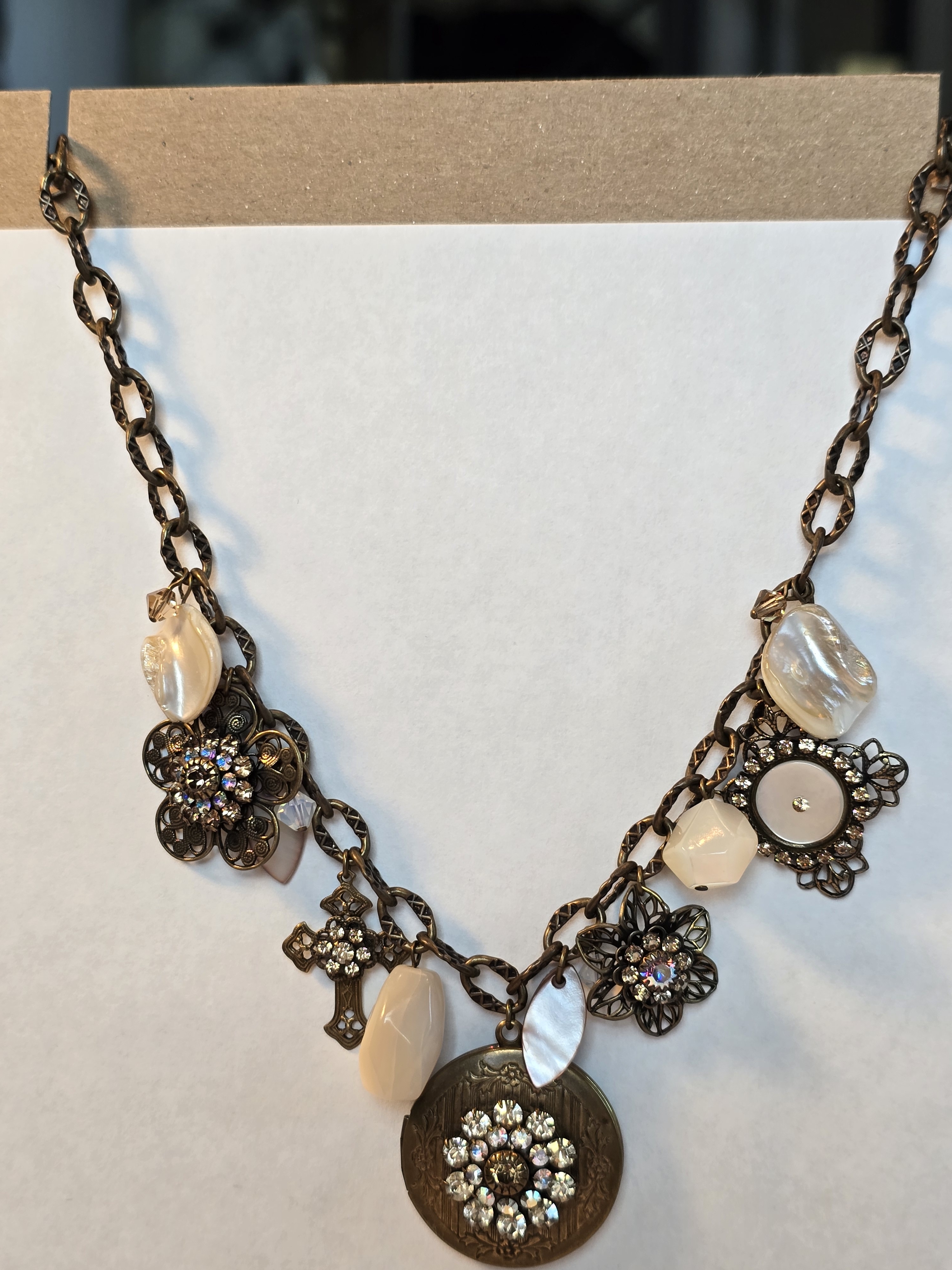 Liz Palacios Antique Bronze Locjet Necklace -Floral Mop And Cream Charm Necklace